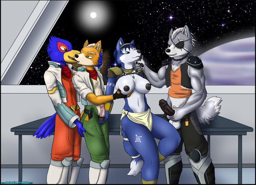 1girl anthro avian bisexual canine clothing erection falco_lombardi fox fox_mccloud furry immelmann kissing krystal male male/female male/male mammal nintendo nipples pants penis star_fox testicles video_games wolf wolf_o'donnell