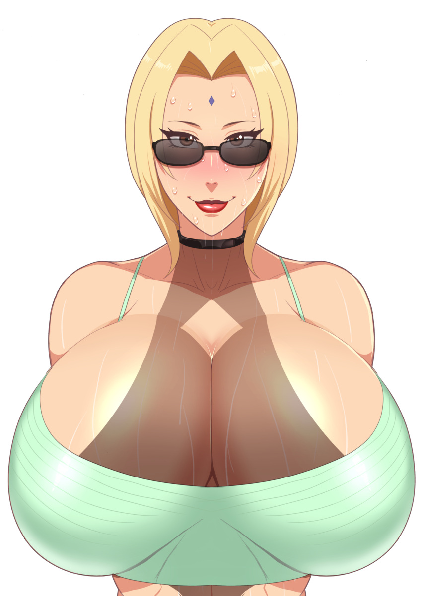 1girl 1girl bare_shoulders bbw big_breasts big_breasts big_breasts blonde_hair blush boruto:_naruto_next_generations brown_eyes cleavage collar crop_top female_focus female_only forehead_jewel forehead_mark front_view grin huge_breasts light-skinned_female light_skin lips lipstick looking_at_viewer makeup mature mature_female milf naruto naruto_(classic) naruto_(series) naruto_shippuden nose_blush oppai pinup red_lips red_lipstick shounen_jump smile solo_female solo_focus sweat sweatdrop sweaty tsunade tubetop voluptuous yellow_hair zxcv
