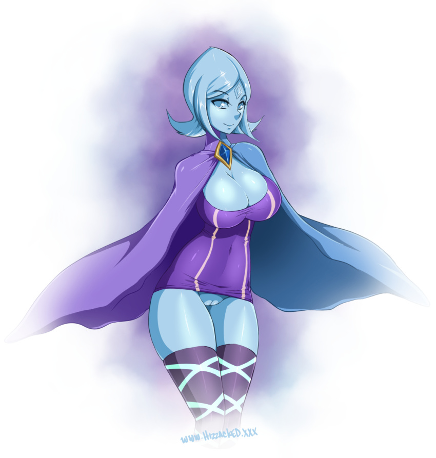 big_breasts blue_eyes blue_hair blue_skin bottomless breasts cleavage female fi hizzacked pussy skyward_sword smile solo the_legend_of_zelda
