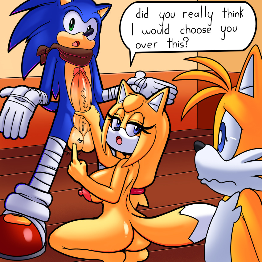 1girl big_breasts big_penis breasts canine cuckold dreamcastzx1 fox hedgehog huge_penis humanoid_penis male mammal miles_"tails"_prower mintyskin nipples nude penis sega small_penis_humiliation sonic_boom sonic_the_hedgehog testicles zooey_the_fox