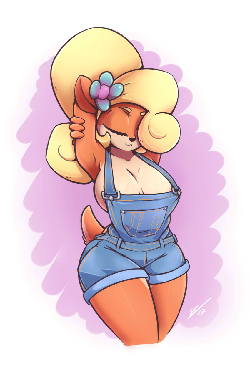 1girl 2017 anthro areola armpits bandicoot big_breasts blonde_hair breasts closed_eyes clothed clothing coco_bandicoot crash_bandicoot_(series) digital_media_(artwork) flower fur furry hair mammal marsupial no_shirt overalls plant secretly_saucy simple_background smile stretching video_games