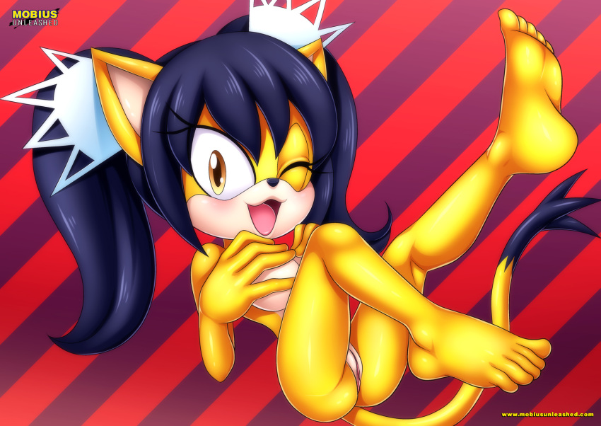 1girl 5_toes anthro archie_comics bbmbbf big_breasts big_ears black_hair black_nose breasts cat feet full_body furry gold_eyes grabbing_own_breast honey_the_cat legs_up mobius_unleashed nude one_eye_closed open_eyes open_mouth palcomix pussy sega showing_pussy sonic_(series) sonic_the_hedgehog_(series) tongue yellow_fur
