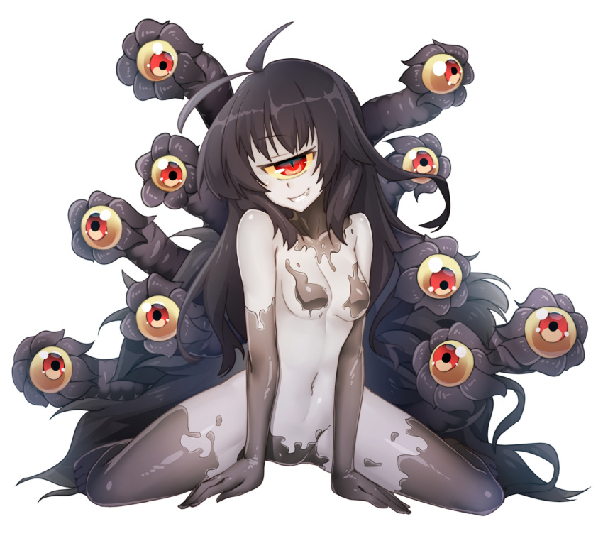 1girl 1girl antenna_hair bare_shoulders black_hair breasts cyclops extra_eyes full_body gazer_(monster_girl_encyclopedia) grey_skin grin head_tilt long_hair looking_at_viewer monster_girl monster_girl_encyclopedia navel one-eyed red_eyes sharp_teeth simple_background sitting slit_pupils small_breasts smile spread_legs tail teeth tentacle tilt-shift white_background yellow_sclera