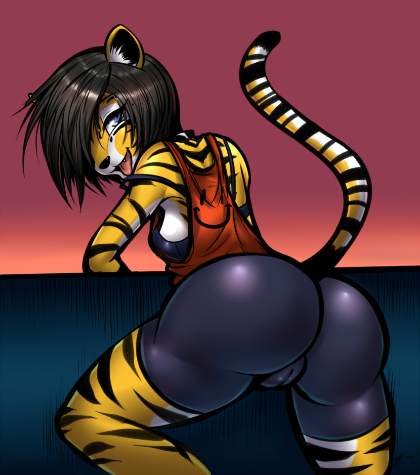 1girl 1girl anthro armpits ass bent_over big_ass black_hair blue_eyes bra cameltoe clothed clothing fangs feline furry hair inner_ear_fluff looking_at_viewer looking_back mammal mirapony open_mouth stripes tiger tight_clothing underwear