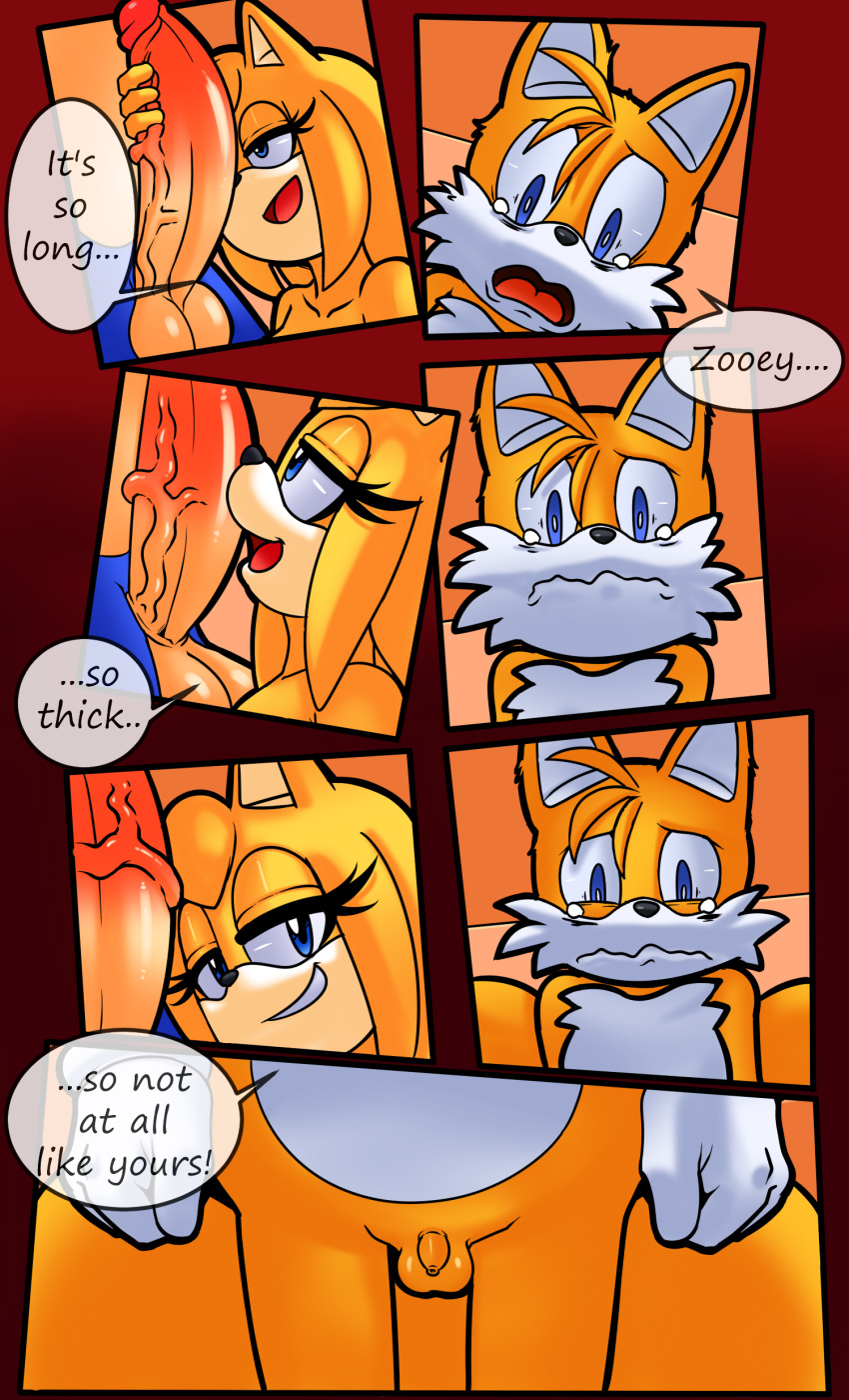 1girl 2016 adultery big_penis canine cheating comic cuckold dreamcastzx1 fox hedgehog huge_penis humiliation male mammal miles_"tails"_prower mintyskin netorare penis sega small_penis_humiliation sonic_boom sonic_the_hedgehog text zooey_the_fox
