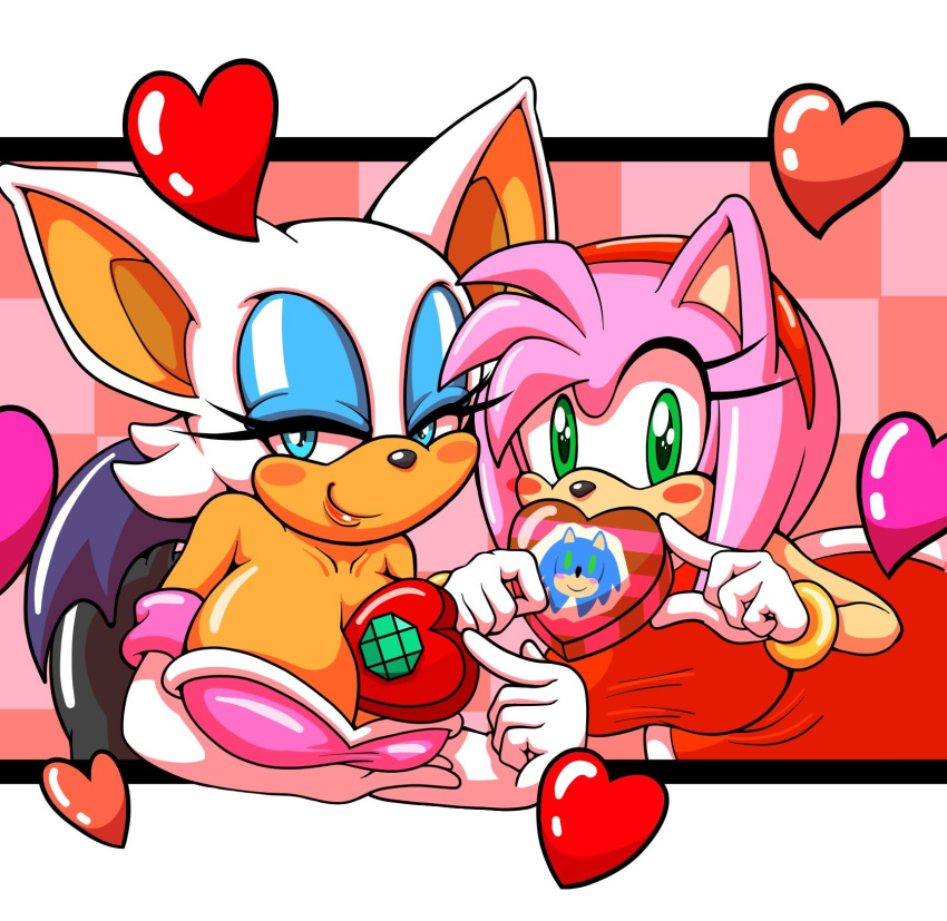 &lt;3 1girl amy_rose anthro bat big_breasts blush breasts cleavage clothed clothing cute duo furry hedgehog holidays mammal michiyoshi rouge_the_bat sega smile valentine's_day