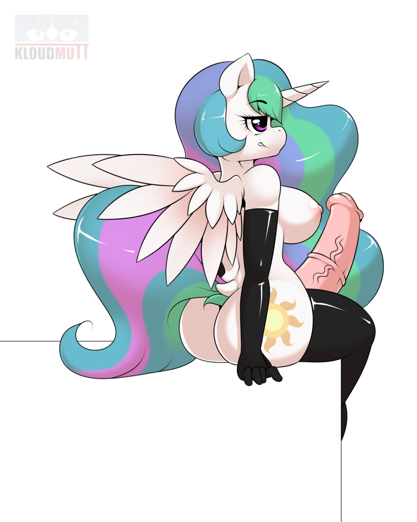 1girl 2017 animal_genitalia animal_penis anthro anthrofied areola ass breasts clothing cutie_mark dock equine equine_penis erection eyelashes feathered_wings feathers female female_only friendship_is_magic furry futanari hair highres horn kloudmutt legwear long_hair mammal multicolored_hair multicolored_tail my_little_pony nipples penis princess_celestia purple_eyes rubber simple_background sitting vein white_background white_feathers winged_unicorn wings