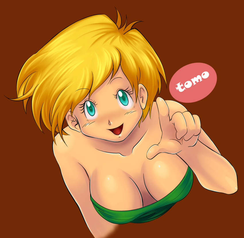 1girl aqua_eyes arm arms art artist_name babe bare_arms bare_shoulders big_breasts blonde_hair breasts brown_background cleavage collarbone dragon_ball dragon_ball_z from_above happy iresa looking_at_viewer open_mouth pointing short_hair simple_background smile strapless tomo tomo2012 tubetop upper_body