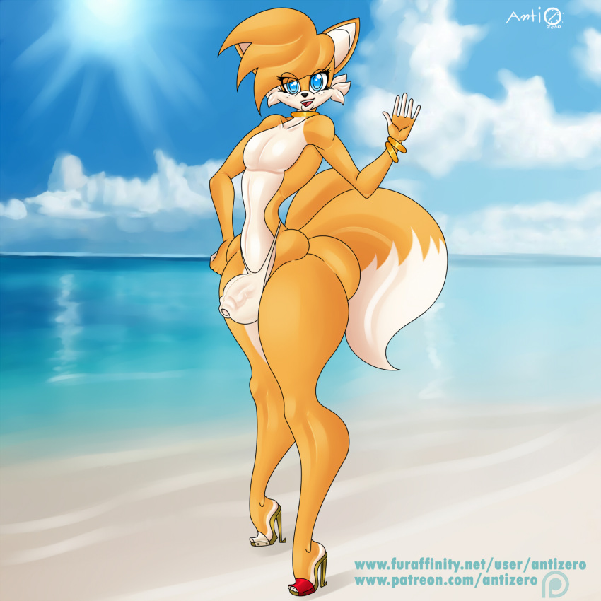 antizero ass big_ass bulge flaccid fox furry girly high_heels male miles_"tails"_prower partially_clothed penis see_through sega sonic_(series) speedo testicles transparent trap underwear wet