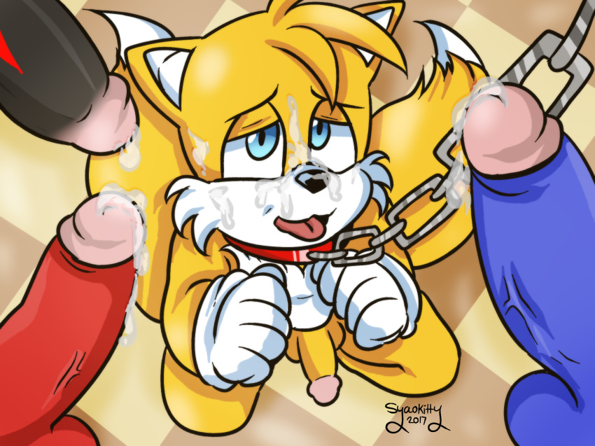 2017 anthro canine chain chain_leash collar cum cum_on_face echidna foursome fox furry group group_sex hedgehog humanoid_penis knuckles_the_echidna leash male male/male mammal miles_"tails"_prower monotreme penis sega sex shadow_the_hedgehog sonic_the_hedgehog syaokitty