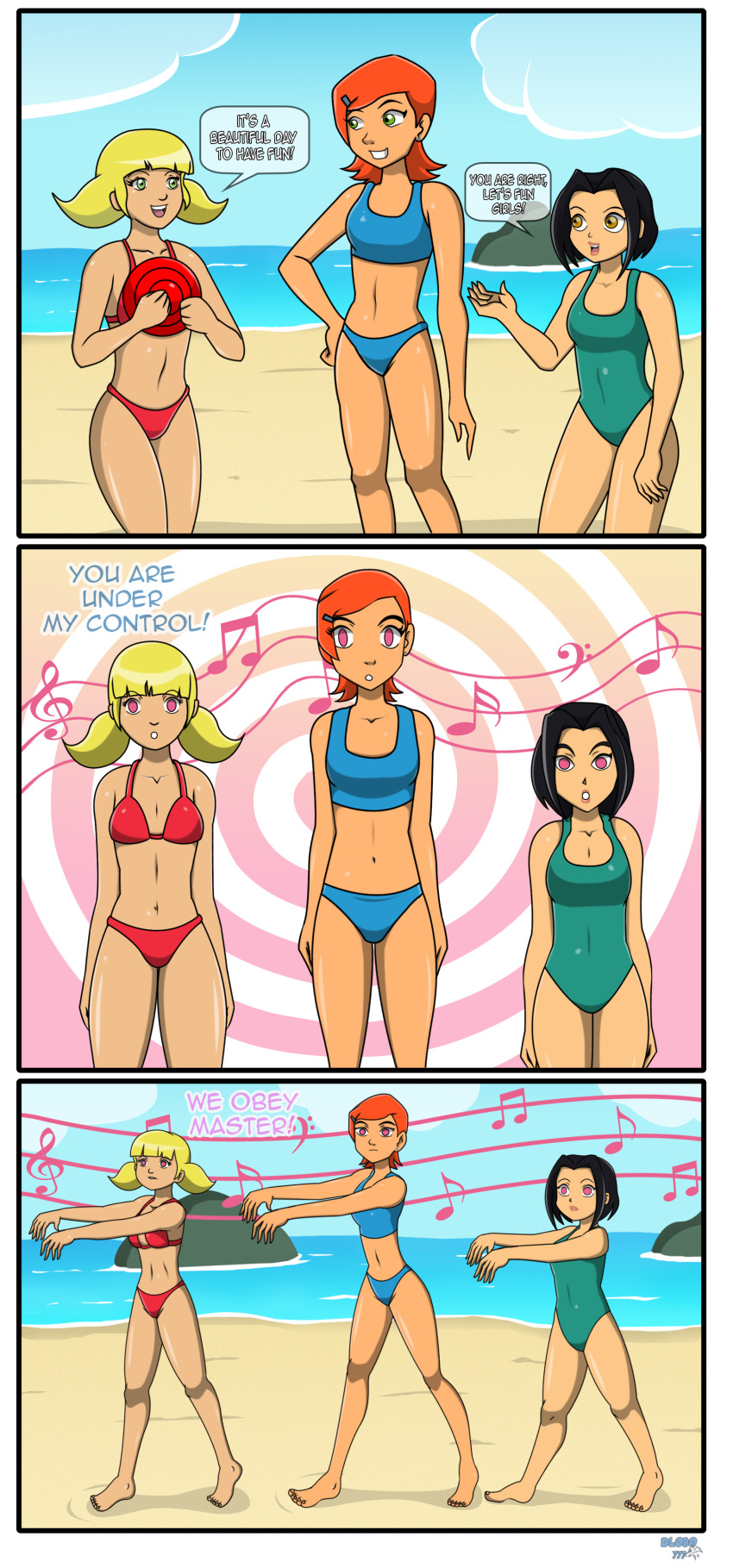 3_girls beach ben_10 big_breasts bikini breasts cleavage comic crossover dlobo777 gwen_tennyson hypnotic_audio hypnotic_music inspector_gadget jackie_chan_adventures jade_chan mind_control one-piece_swimsuit penny_gadget speech_bubble swimsuit text young younger younger_female zombie_walk