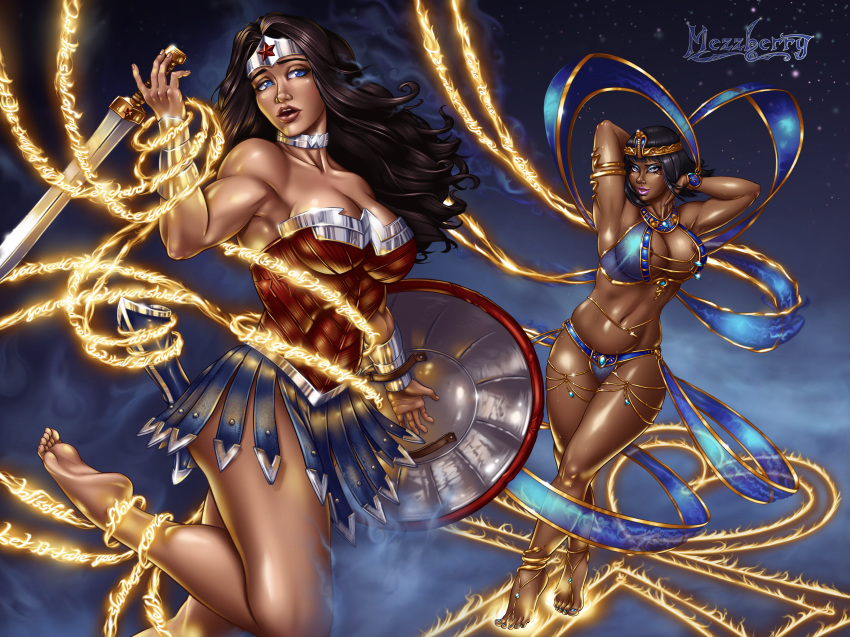 ankh armor big_breasts breasts cleavage cleopatra dancing dark_skin dc_comics diana_prince egyptian hypnotic_gas justice_league magic mezzberry mind_control see-through shield sword weapon wonder_woman wonder_woman_(series) yuri
