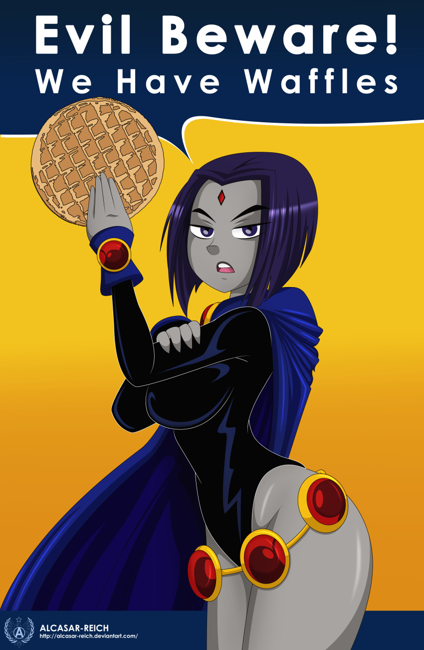 1girl alcasar-reich big_breasts breasts dc_comics dcau female female_only food raven_(dc) solo solo_female teen_titans waffle_(food)