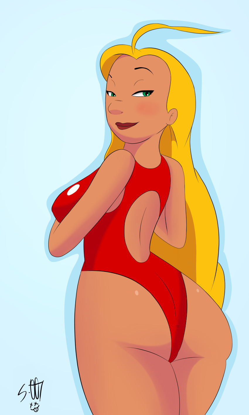 ass big_ass big_breasts breasts disney lifeguard lifeguard_(lilo_and_stitch) lilo_and_stitch looking_at_viewer looking_back one-piece_swimsuit scrabble007 swimsuit