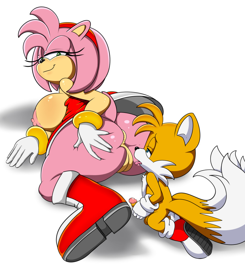 1girl 2017 amy_rose anthro anus areola ass big_ass big_breasts breasts canine digitaldomain123 duo erect_nipples erection fox furry hedgehog huge_ass male mammal masturbation miles_"tails"_prower nipples penis pussy sega smile