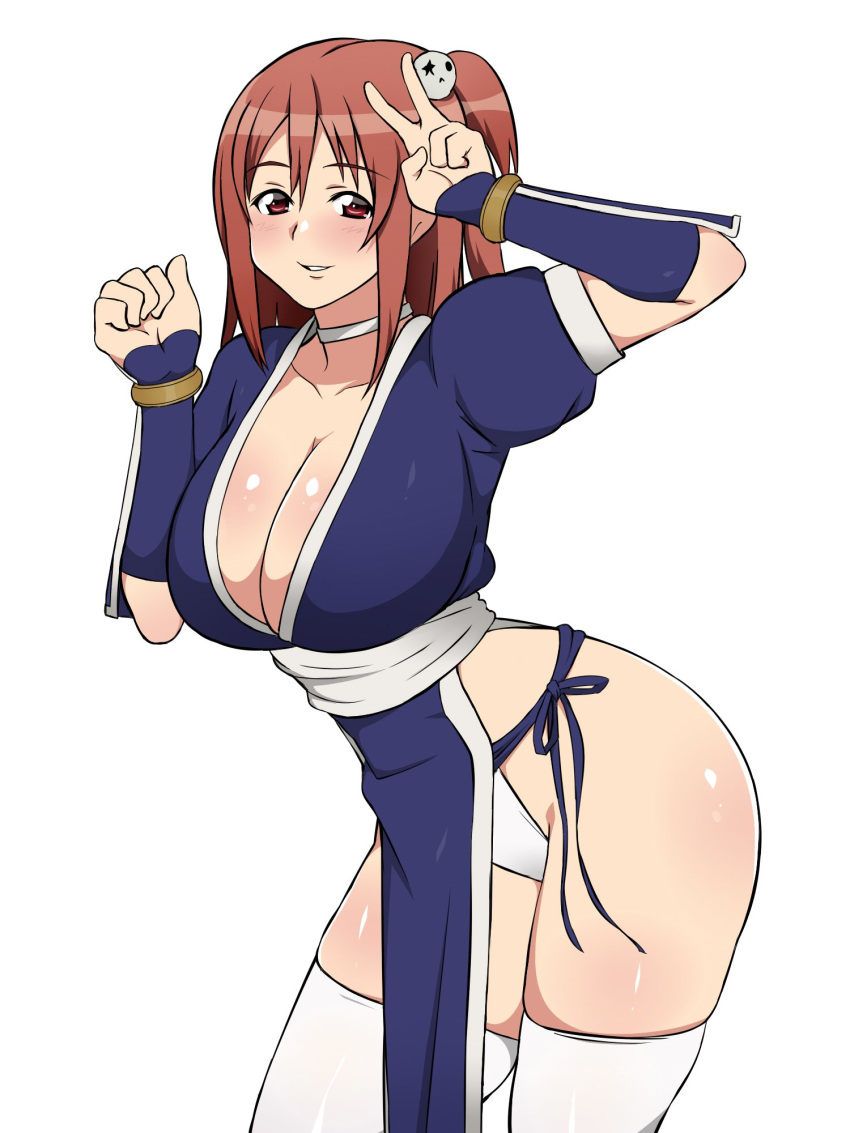 1girl 1girl arm_guards blush body_blush breasts brown_eyes brown_hair choker cleavage contrapposto cosplay dead_or_alive grin high_res honoka_(doa) huge_breasts kagemusha kasumi_(doa) kasumi_(doa)_(cosplay) leaning_forward looking_at_viewer no_bra obi one_side_up panties pelvic_curtain sash side-tie_panties side_slit simple_background smile standing stockings underwear v white_background white_legwear white_panties