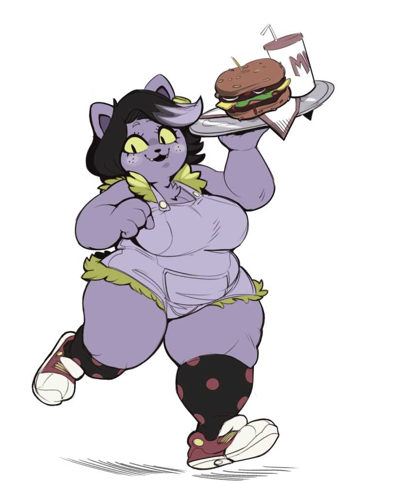 1_girl 1girl 2016 anthro beverage big_breasts black_hair breasts burger cat catty_(undertale) chest_tuft chubby chubby_anthro chubby_female clothing eyelashes fangs felid feline felis female food footwear fur hair hamburger legwear looking_at_viewer mammal mangneto monster monster_girl multicolored_hair overalls overweight platter purple_fur purple_hair running shoes simple_background slit_pupils smile socks soda thick_thighs tray tuft two_tone_hair undertale undertale_(series) video_games white_background yellow_eyes yellow_sclera