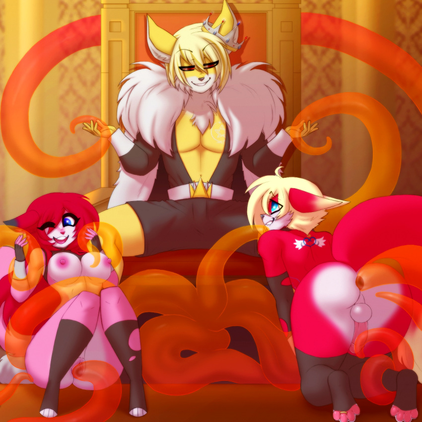 1girl all_fours anal anal_penetration anthro biting_lip breasts canine chair chococosalo clothed clothing crown feline fox furry girly group male mammal nipples penetration sitting smile tentacle thick_thighs throne vaginal vaginal_penetration