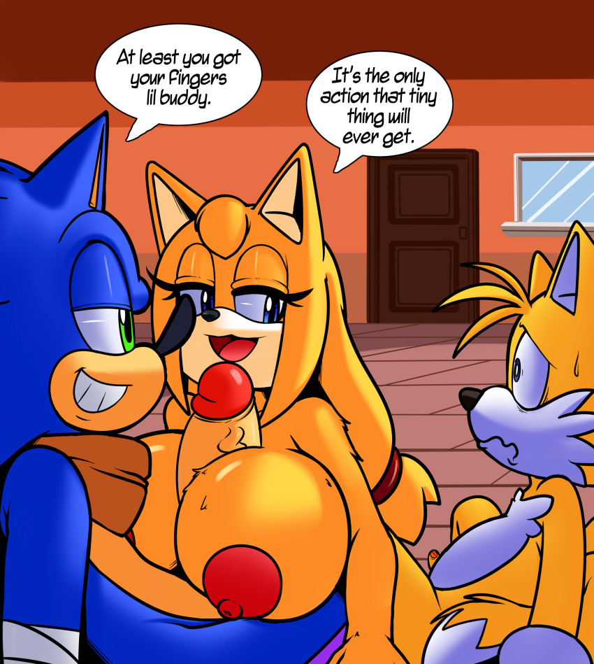 1girl anthro big_breasts big_penis breasts canine dreamcastzx1 fox furry hedgehog huge_breasts huge_penis humiliation male mammal miles_"tails"_prower mintyskin paizuri penis sega sex small_penis sonic_boom sonic_the_hedgehog zooey_the_fox