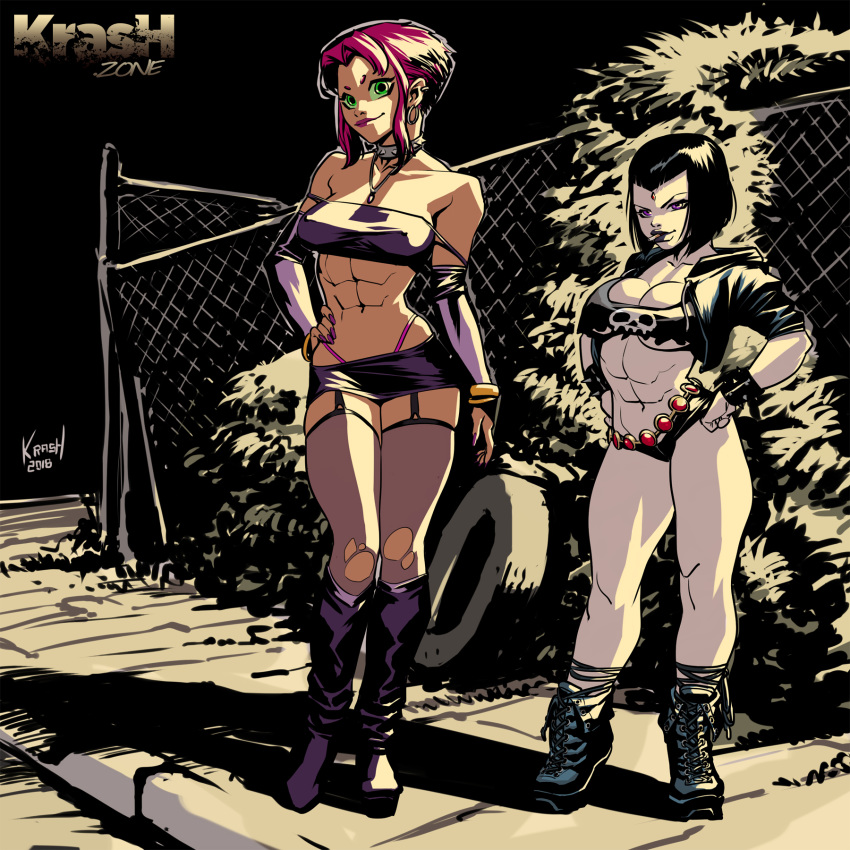 1girl 2_girls abs big_breasts bimbo black_hair boots breasts cleavage crop_top cropped_jacket dc_comics female_focus female_only hourglass_figure krashzone legio lipstick makeup muscle muscular muscular_female raven_(dc) red_hair short_hair skimpy skimpy_clothes sleeves_rolled_up standing starfire stockings tagme teen_titans teen_titans_go toned toned_female under_boob wide_hips