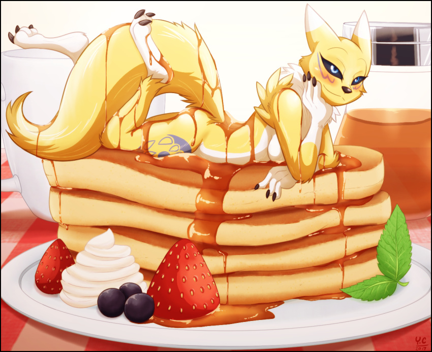 1girl 2017 anthro ass black_sclera blue_eyes blue_markings blush breasts canine claws cup digimon food food_play fox fruit fur furry incredibleediblecalico leaf legs_up lying mammal markings messy nude on_front pancake plate renamon sideboob smile strawberry toe_claws tuft whipped_cream white_fur yellow_fur