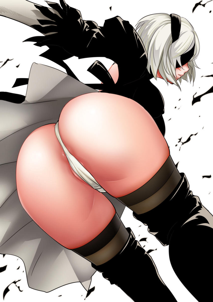 10ro 1girl anus_peek ass big_breasts black_dress black_legwear black_shoes blindfold boots breasts closed_mouth covered_eyes dress erect_nipples from_behind gloves hairband high_res huge_ass juliet_sleeves leotard lipstick long_sleeves makeup nier:_automata nier_(series) open-back_dress panties pantyshot partially_visible_vulva pink_lips pink_lipstick pov_ass puffy_sleeves shoes short_hair silver_hair stockings thigh_high_boots thong_leotard turtleneck underwear vambraces white_background white_leotard yorha_no._2_type_b