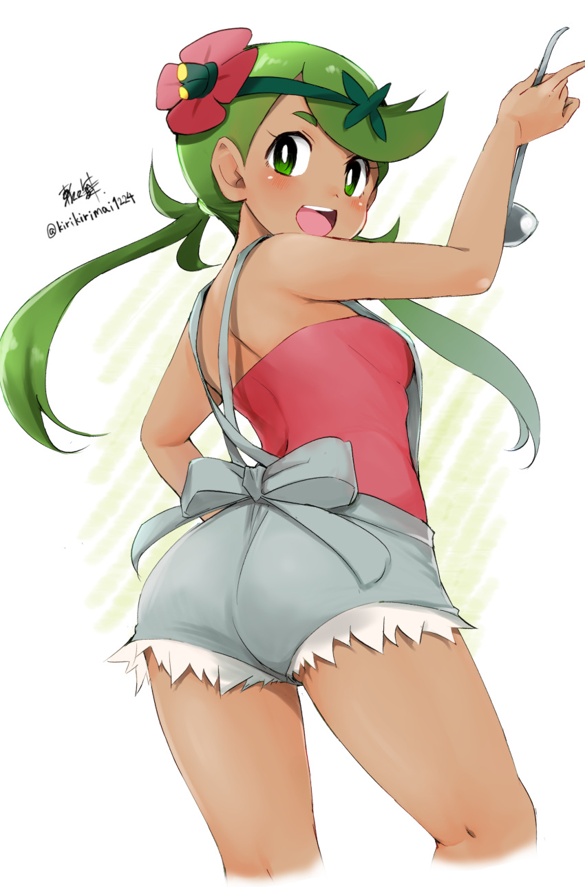 1girl absurdres ass blush breasts dark_skin flower from_behind green_eyes green_hair hair_flower hair_ornament highres holding kirikirimai_(kkm) ladle long_hair looking_at_viewer looking_back mallow mao_(pokemon) medium_breasts open_mouth overalls pokemon pokemon_(game) pokemon_sm signature solo trial_captain twintails twitter_username
