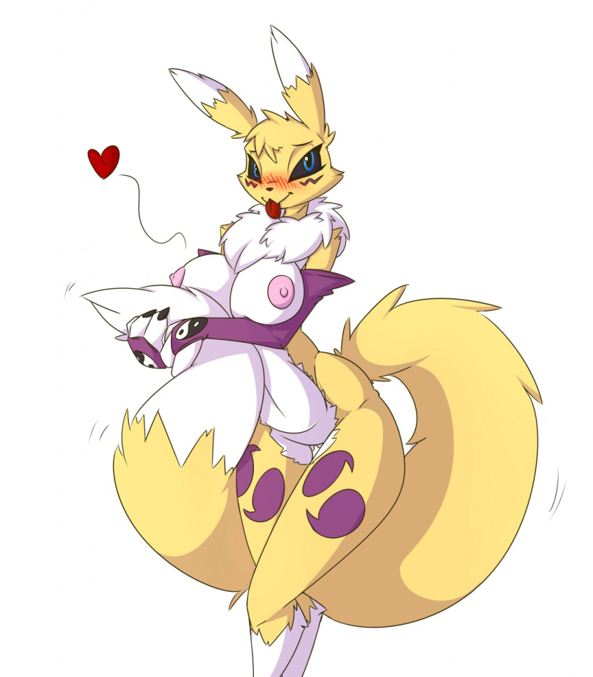 &lt;3 1girl anthro blush breasts digimon female_only fluffy_tail fur furry looking_at_viewer nipples renamon simple_background tongue tongue_out white_background white_fur wouhlven yellow_fur