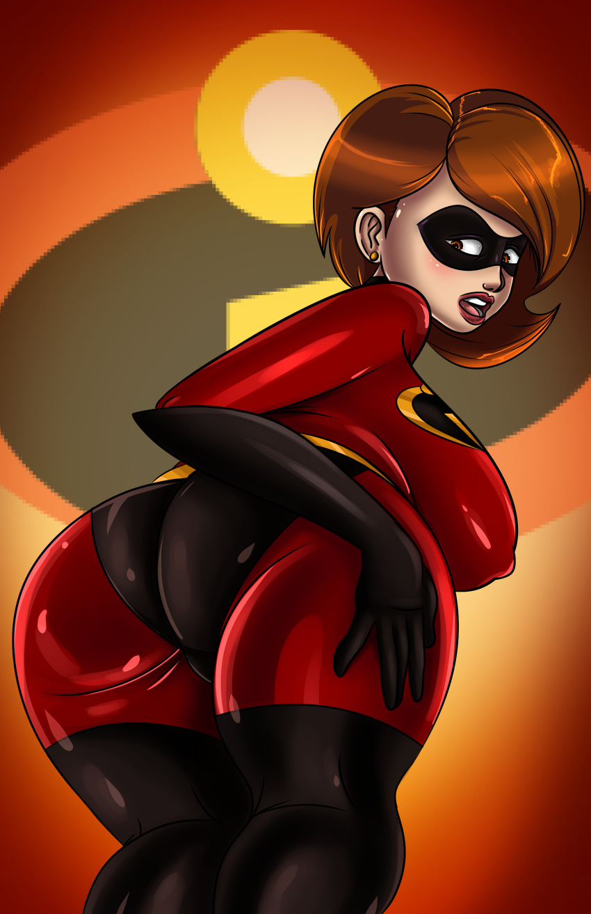 1girl ass big_ass big_breasts bodysuit breasts disney erect_nipples female_only looking_at_viewer looking_back milf nipples pixar sonson-sensei the_incredibles