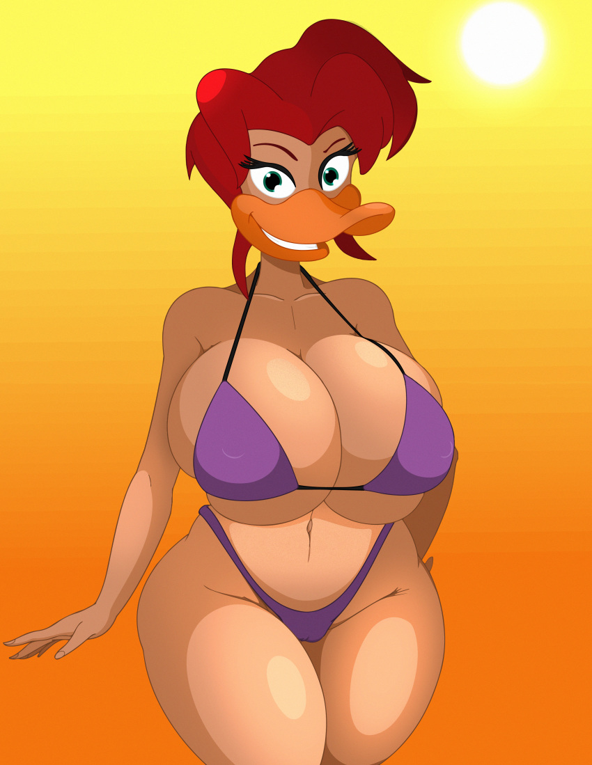 1girl absurd_res anthro avian big_breasts bikini bird breasts cleavage clothed clothing duck ducktits furry high_res huge_breasts looking_at_viewer mallory_mcmallard sideboob smile swimsuit underboob