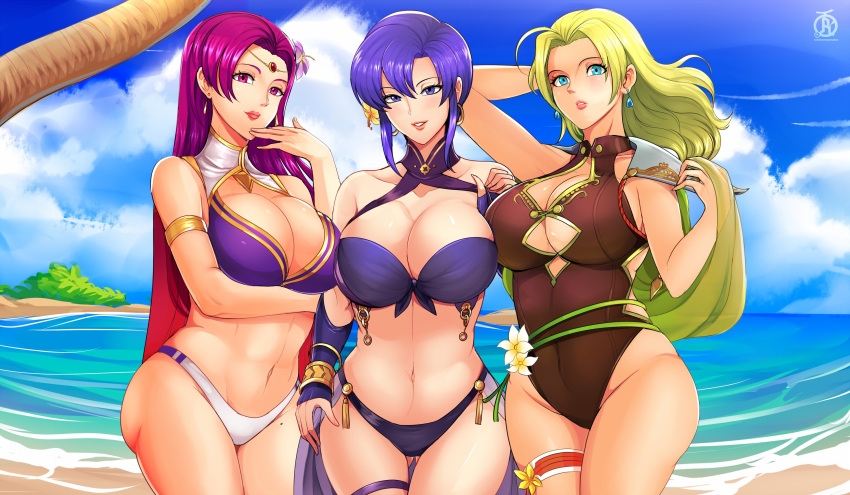 3_females 3_girls 3girls big_breasts bikini breasts brunnya_(fire_emblem) cleavage earrings female female_only fire_emblem fire_emblem:_the_binding_blade fire_emblem:_the_blazing_blade fire_emblem:_the_sacred_stones fire_emblem_heroes looking_at_viewer one-piece_swimsuit outdoor outside revolverwingstudios selena_(fire_emblem) standing swimsuit thick_thighs ursula_(fire_emblem) wide_hips