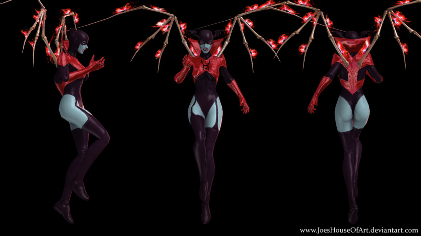 3d ass black_boots black_latex bleez blue_skin bone_wings boots cg cosplay dc dc_comics dc_universe_online dcuo game gloves latex leotard mask pale_skin red_eyes red_gloves red_lantern_corps red_latex red_lips ring spandex stockings thigh_high_boots thigh_straps thong thong_leotard villain wings