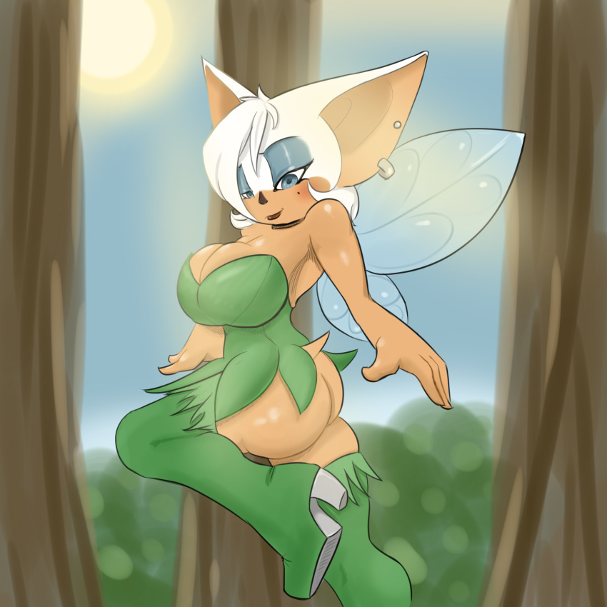 1girl anthro armpits ass bat big_breasts breasts clothing cosplay disney fairy furry hair high_res mammal nukenugget piercing rouge_the_bat sega smile tinker_bell tinker_bell_(cosplay) wings