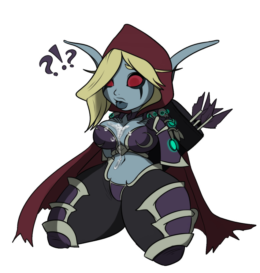 1girl 1girl armor arrow big_breasts blue_skin breasts cloak clothed clothing cum hand_on_breast high_elf hood humanoid kneel red_eyes skull sylvanas_windrunner thick_thighs undead unknown_artist video_games warcraft