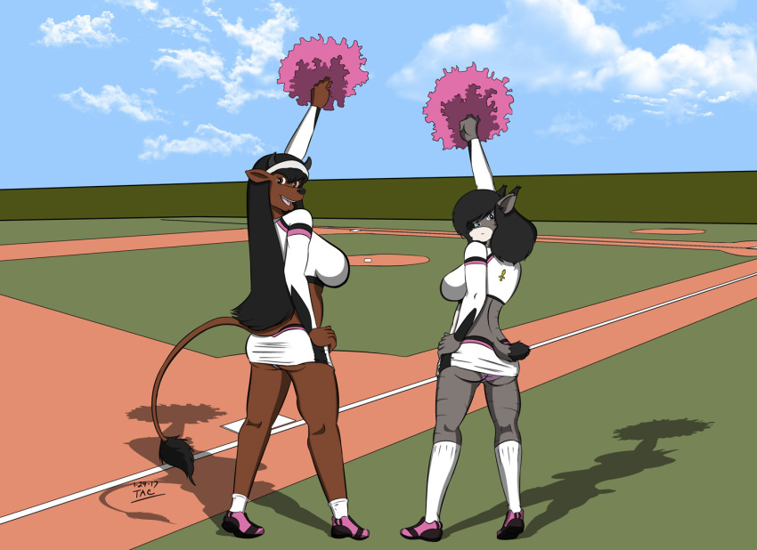 1girl 2017 anthro ass baseball_field black_hair blue_eyes bovine breasts brown_eyes buffalo cheerleader clothed clothing dipstick_ears dipstick_tail duo feline footwear furry hair hand_on_hip legwear long_hair looking_back lynx mammal midriff morningstar_(mojorover) multicolored_tail open_mouth open_smile outside panties pom_poms raised_arm rear_view sailoranna shoes skimpy smile socks standing tail_tuft texas_tilly tuft underwear