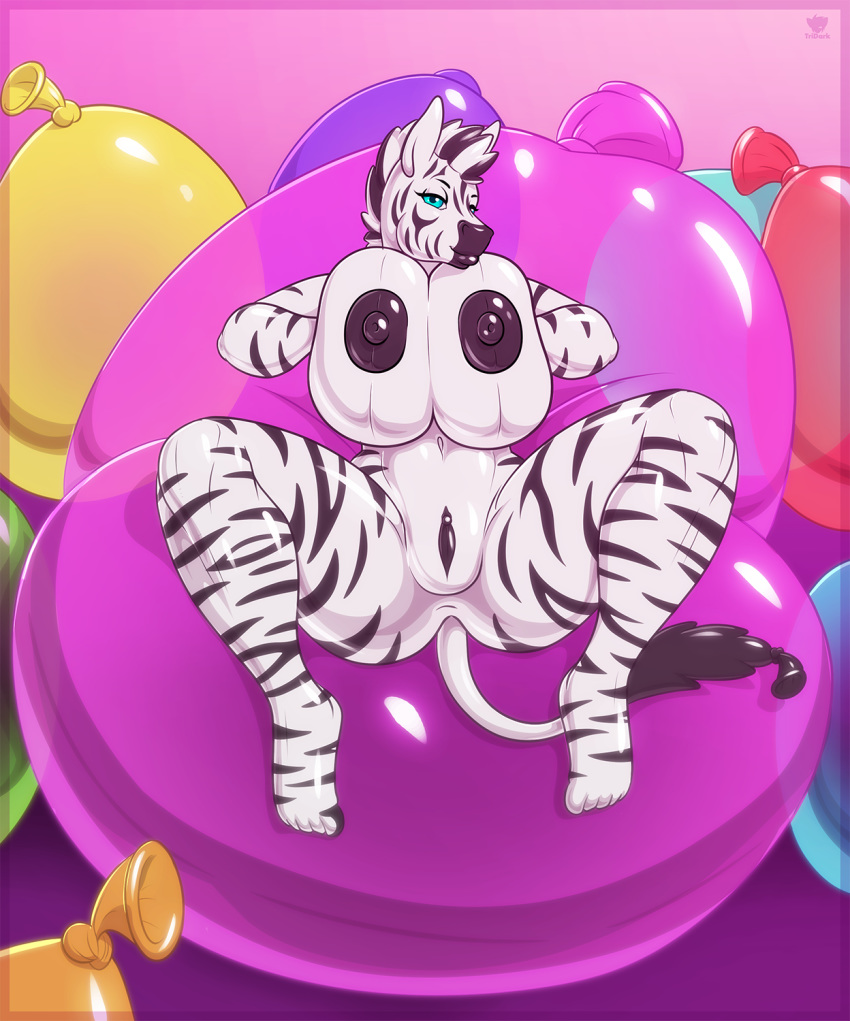 1girl 1girl 2017 anthro anus areola balloon big_breasts black_nipples blue_eyes breasts clitoris equine erect_nipples furry looking_at_viewer mammal navel nipples nude presenting presenting_breasts presenting_pussy pussy seductive smile spread_legs spreading stripes tridark zebra