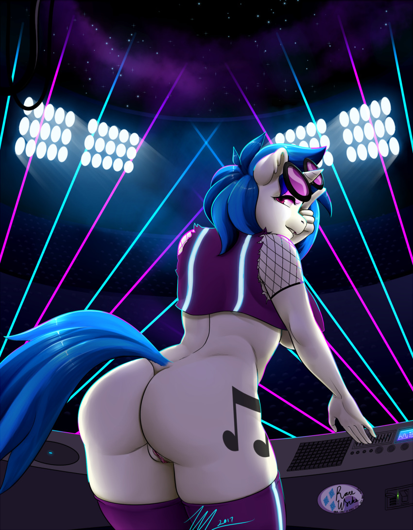 1girl 2017 anthro anthrofied ass blue_hair clothed clothing cutie_mark cyrus_physhor equine eyewear friendship_is_magic furry hair high_res horn legwear looking_at_viewer mammal multicolored_hair my_little_pony pussy stockings two_tone_hair unicorn vinyl_scratch