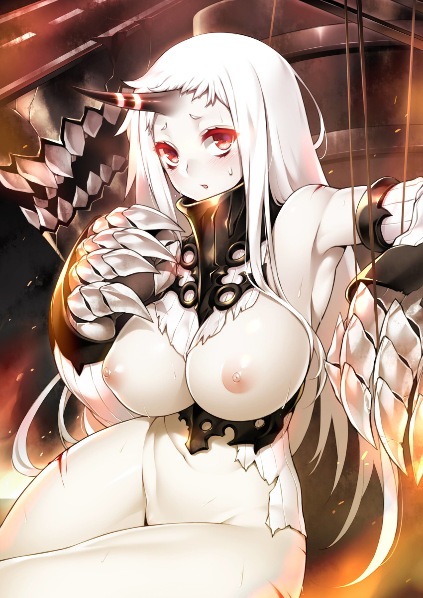 1girl absurd_res albino armpits bare_legs bare_shoulders big_breasts black_panties blush bottomless breasts claws detached_sleeves dress fangs fuya_(tempupupu) harbour_princess high_res horn kantai_collection long_hair long_sleeves looking_at_viewer navel nipples no_bra panties red_eyes seaport_hime shinkaisei-kan silver_hair sweat torn_clothes torn_dress underboob underwear very_long_hair white_background white_dress wide_sleeves