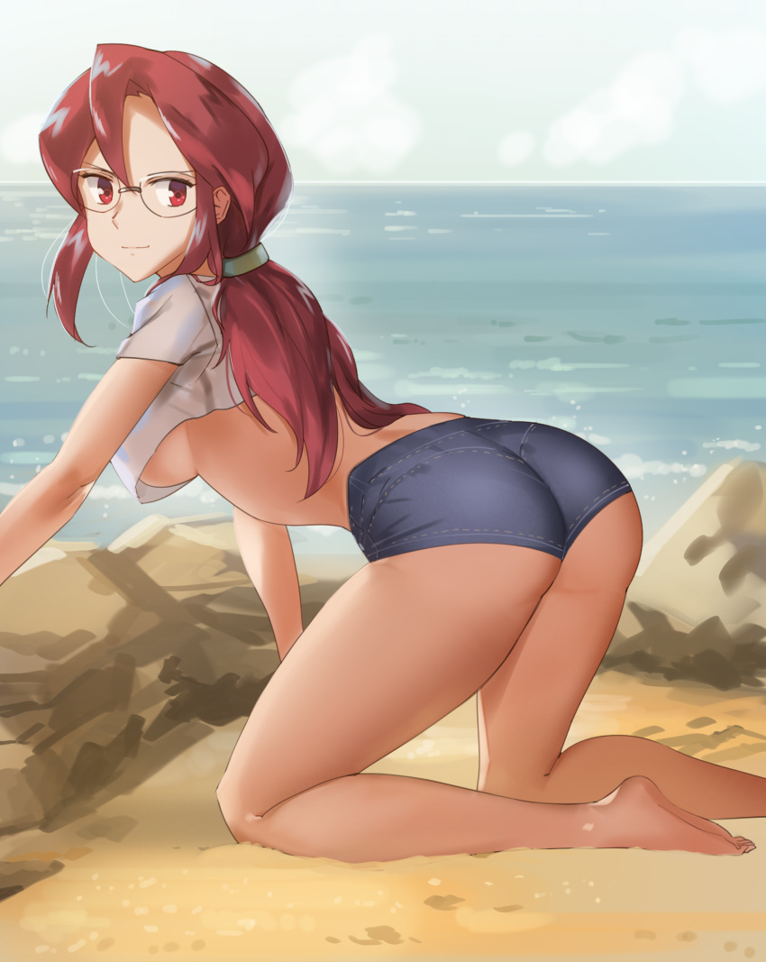 &gt;:) 1girl all_fours alternative_costume arm arm_support ass bare_legs barefoot beach blue_shorts blue_sky breasts closed_mouth clothing creatures_(company) crop_top crop_top_overhang day elite_four elite_four_(kanto_region) feet female game_freak glasses high_resolution humans_of_pokemon kanna_(pokemon) kneeling leaning leaning_forward legs light-skinned_female light_smile long_hair looking_at_viewer looking_back lorelei_(pokemon) medium_breasts megane midriff naughty_face nintendo no_bra ocean outdoors pokemon pokemon_(anime) pokemon_(game) pokemon_character pokemon_frlg pokemon_red_green_blue_&amp;_yellow pokemon_rgby ponytail porkyman red_eyes red_hair rock sand sendrawz shirt short_shorts short_sleeves shorts sideboob sky smile soles solo t-shirt tied_hair toes underboob v-shaped_eyebrows white_shirt