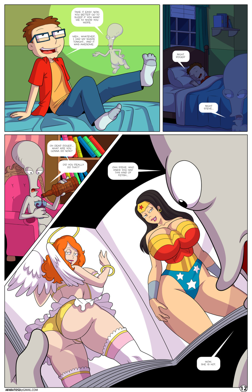 1boy american_dad arabatos big_breasts crossover dc gwen_ling michelle_the_lawyer roger_(american_dad) steve_smith text wonder_woman