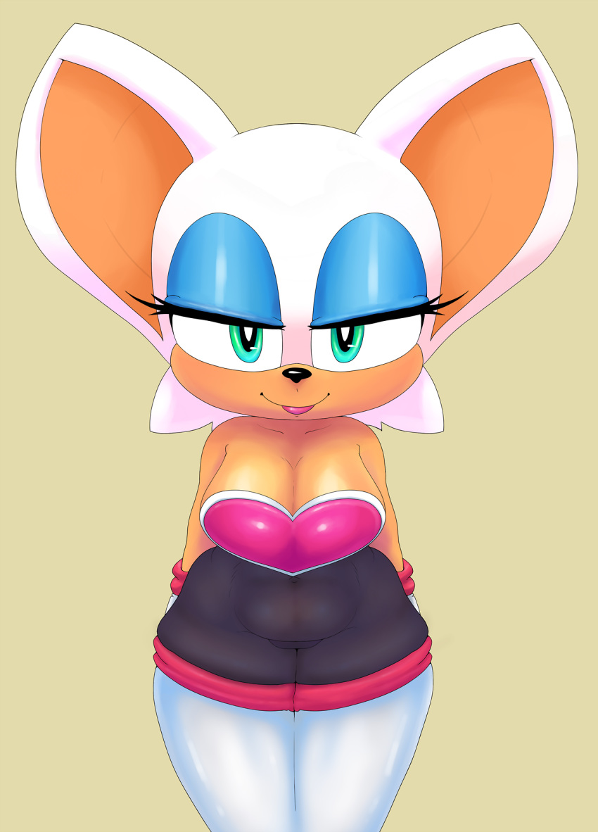 1girl anthro bat big_breasts breasts cleavage clothed clothing eyeshadow female female_only furry gloves green_eyes hands_behind_back large_breasts legwear looking_at_viewer makeup mammal punkinillus rouge_the_bat sega simple_background sonic_(series) standing stockings