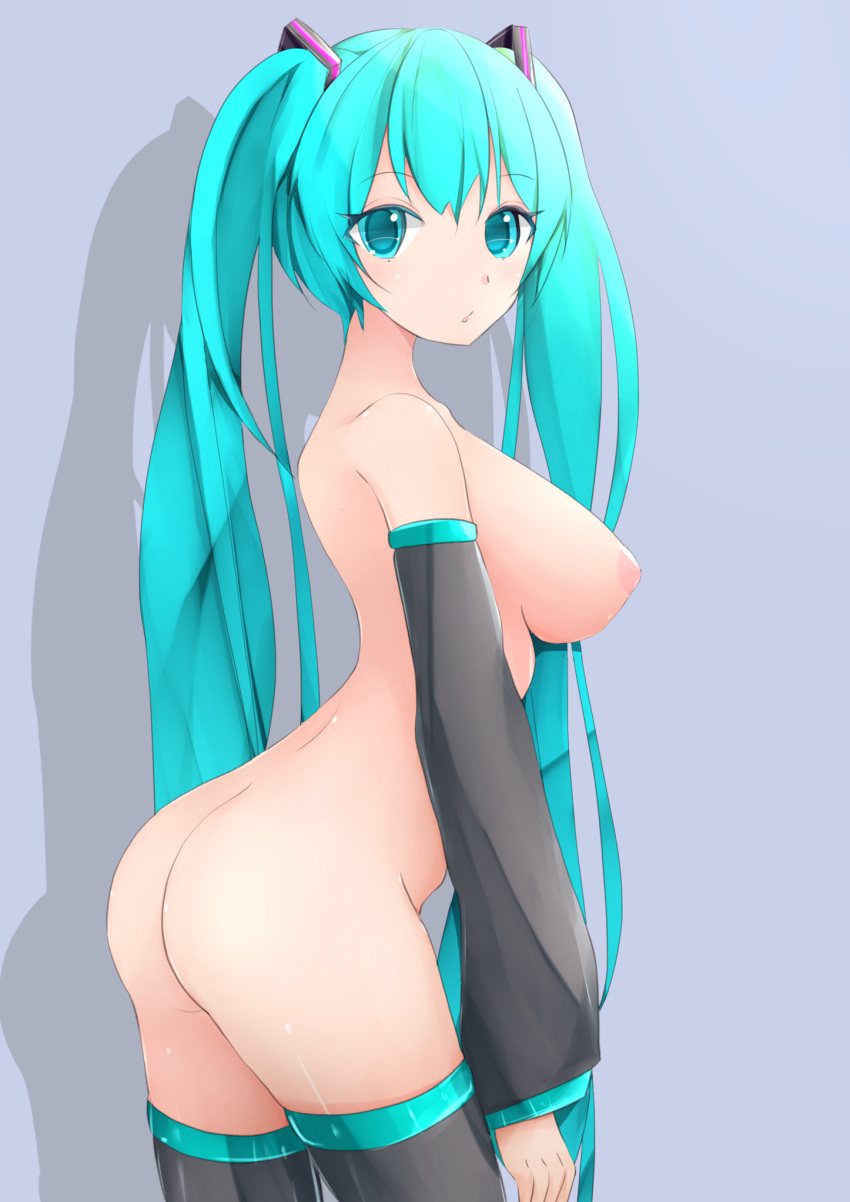 1girl ass big_breasts blue_eyes blue_hair breasts cute long_hair looking_at_viewer miku_hatsune nipples nude twin_tails vocaloid