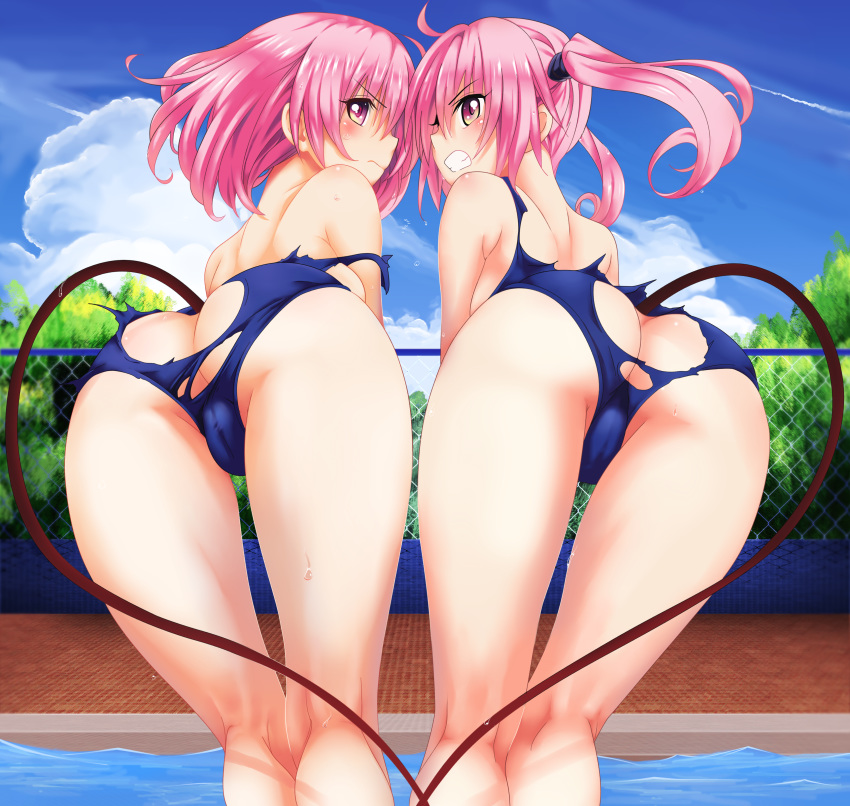 2_girls angry ass_focus cameltoe demon_girl demon_tail high_res high_resolution large_filesize looking_at_viewer looking_back momo_velia_deviluke nana_asta_deviluke pink_hair pool to_love-ru toloveru torn_clothes torn_swimsuit twin_tails xebec