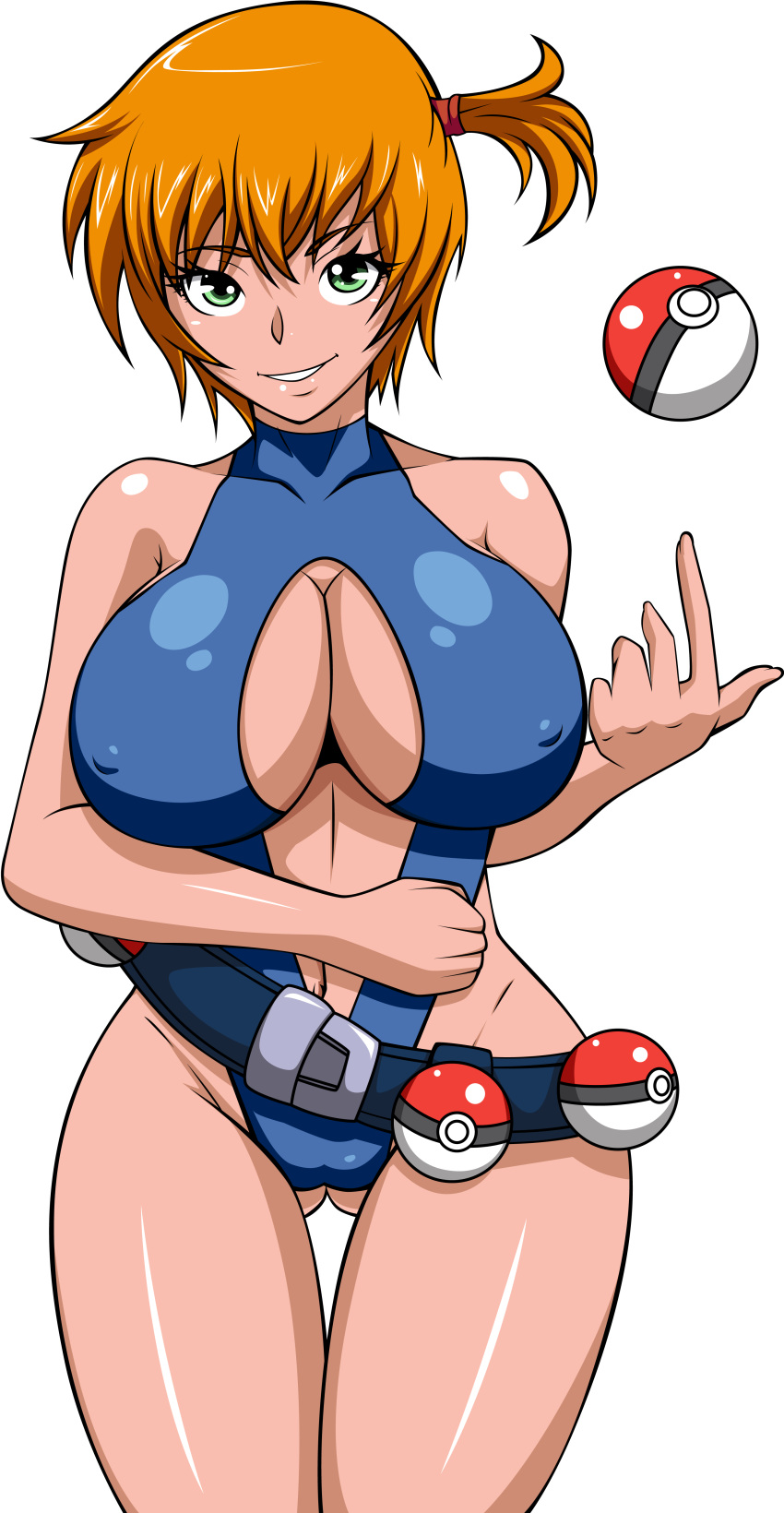 ale-mangekyo ale-mangekyo_(artist) alluring big_breasts breasts cleavage female kasumi_(pokemon) misty one-piece_swimsuit pokeball pokemon smile solo swimsuit