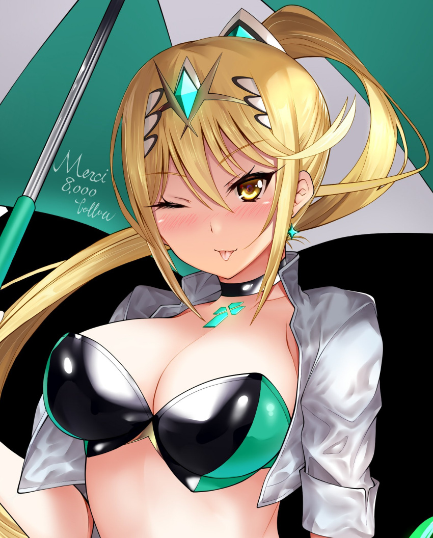 1girl ;p alluring alternate_hairstyle big_breasts bikini black_choker blonde_hair blush boots breasts buckle camisole checkered checkered_background choker cleavage closed_mouth cropped_jacket daive earrings gem high_ponytail high_res holding holding_umbrella jacket jewelry leg_lift long_hair looking_at_viewer mythra mythra_(xenoblade) navel nintendo one_eye_closed open_clothes open_jacket race_queen short_sleeves skirt smile stockings stomach super_smash_bros._ultimate swimsuit tiara tongue tongue_out two-tone_background two-tone_bikini umbrella upskirt very_long_hair voluptuous white_jacket xenoblade_(series) xenoblade_chronicles_2 yellow_eyes