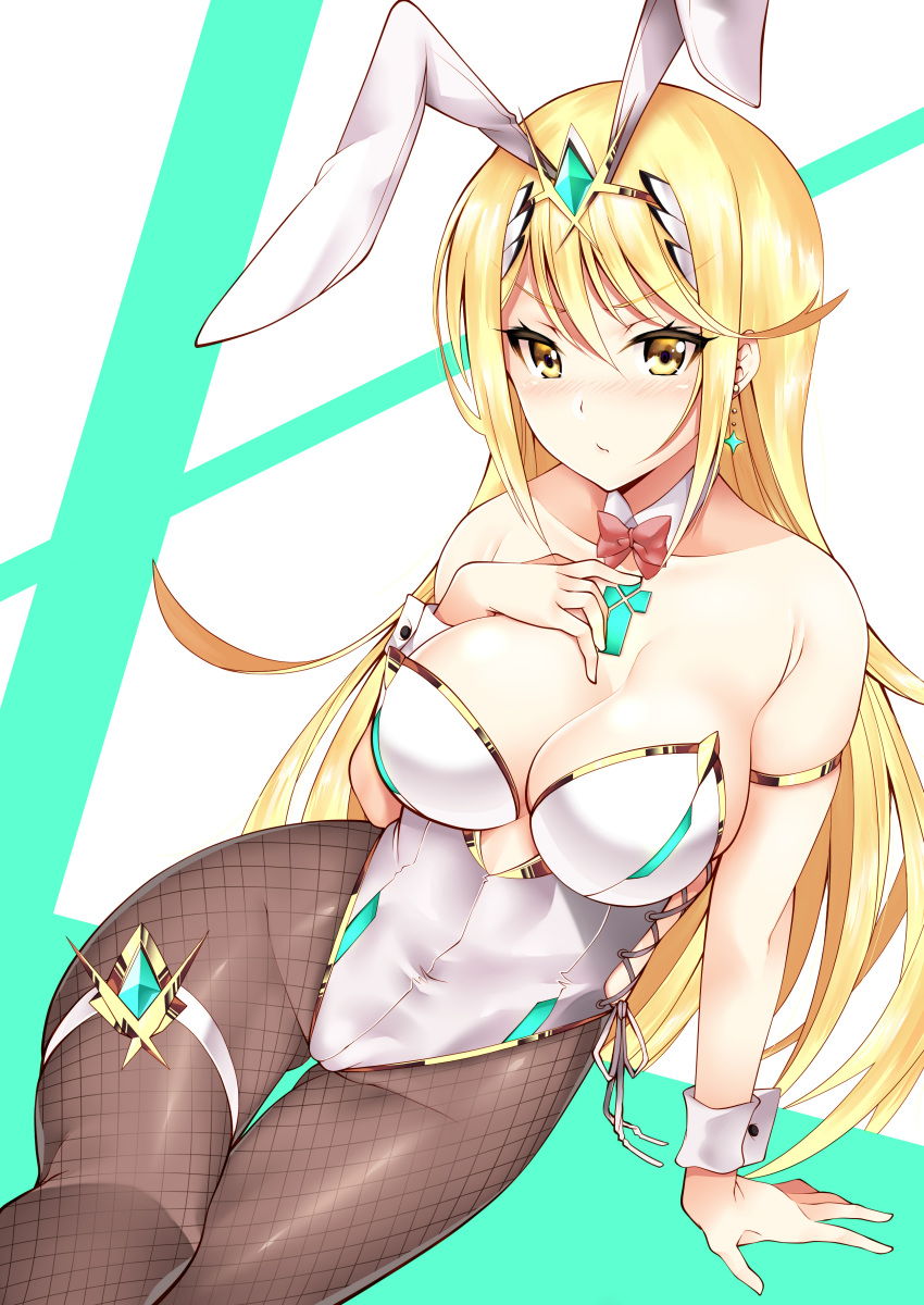 1girl absurd_res alluring animal_ears arm_support bare_shoulders big_breasts black_legwear blonde_hair blush bow bowtie breasts bunny_ears bunnysuit cleavage closed_mouth collarbone daive detached_collar earrings fake_animal_ears fishnet_legwear fishnets gem green_background high_res jewelry leotard long_hair looking_at_viewer mythra mythra_(xenoblade) nintendo pantyhose playboy_bunny red_neckwear sitting thighs two-tone_background voluptuous white_background xenoblade_(series) xenoblade_chronicles_2 yellow_eyes