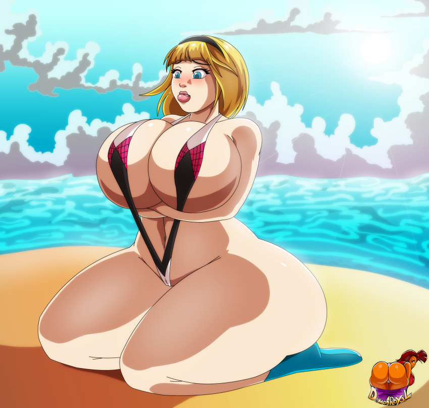 1girl beach big_breasts breasts demonroyal female female_only gwen_stacy huge_breasts marvel ocean sling_bikini solo spider-man_(series) swimsuit
