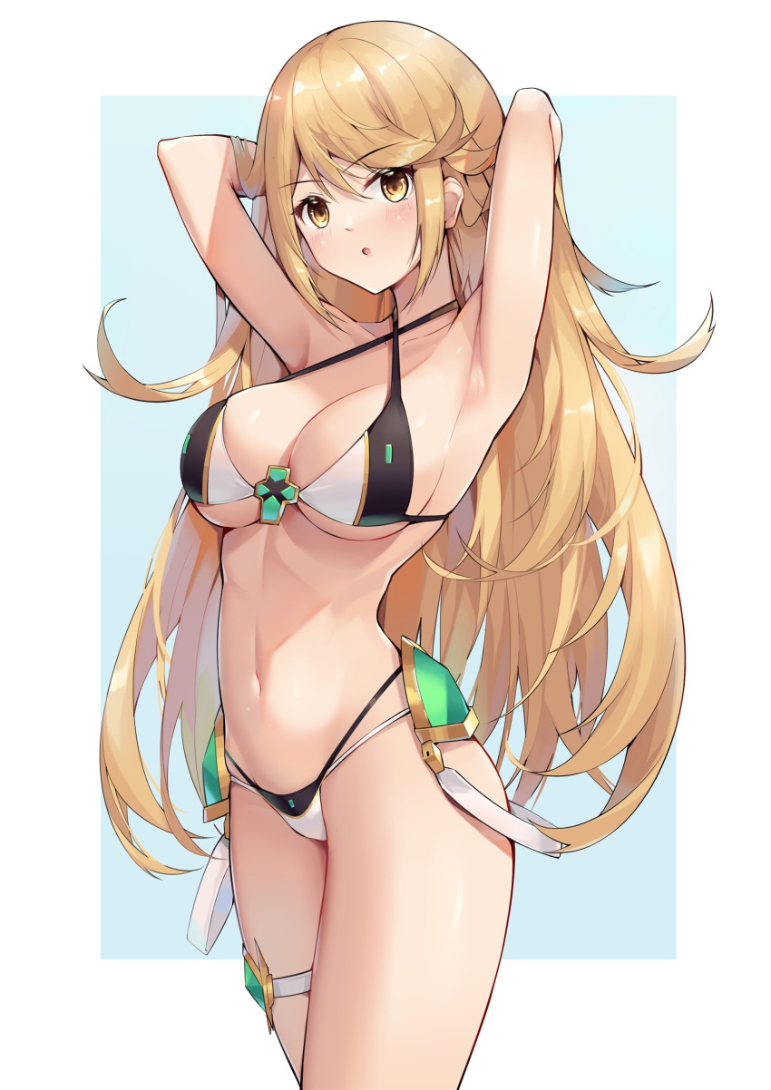 1girl :o adapted_costume alluring arms_behind_head arms_up bangs big_breasts blonde_hair blush breasts brown_eyes cleavage commentary_request cowboy_shot criss-cross_halter eol_9 eyebrows_visible_through_hair faulds gem halterneck high_res long_hair looking_at_viewer mythra mythra_(xenoblade) navel nintendo open_mouth stomach straight_hair super_smash_bros._ultimate swept_bangs thigh_strap thighs two-tone_bikini very_long_hair voluptuous xenoblade_(series) xenoblade_chronicles_2