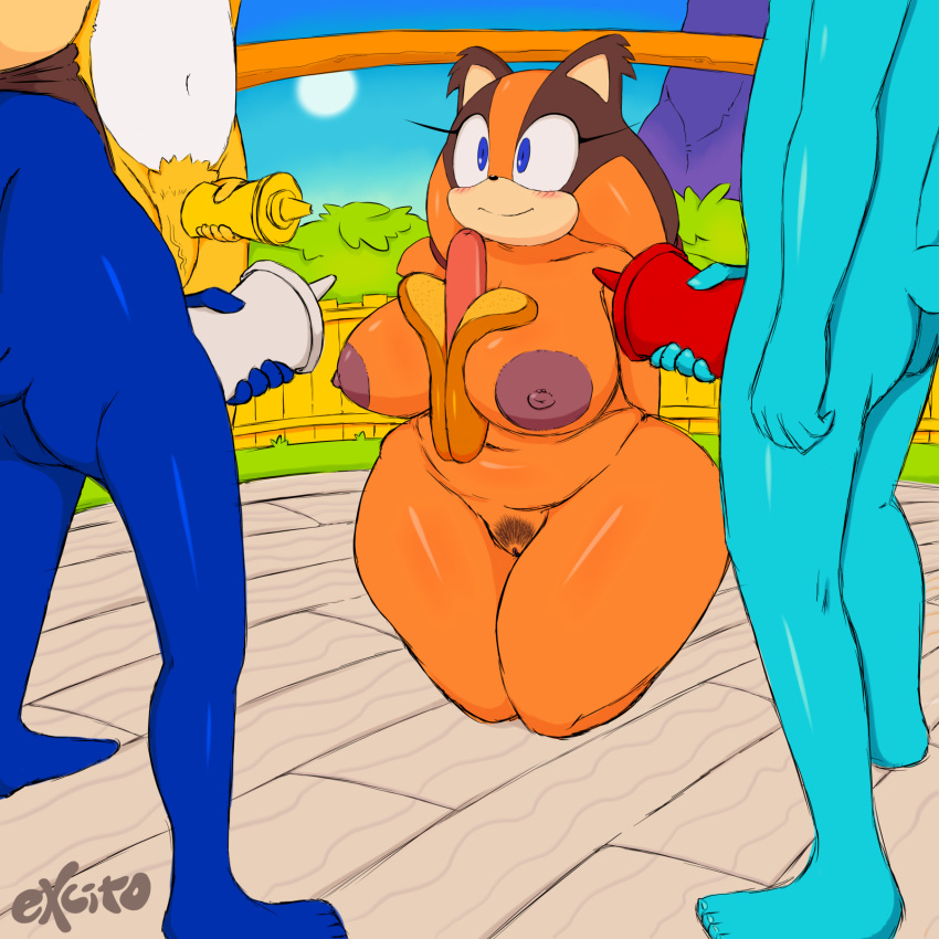 anthro breasts dave_the_intern excito food furry hot_dog ketchup kneel mayo miles_"tails"_prower mustard public sega simple_background sonic_boom sonic_the_hedgehog sticks_the_jungle_badger