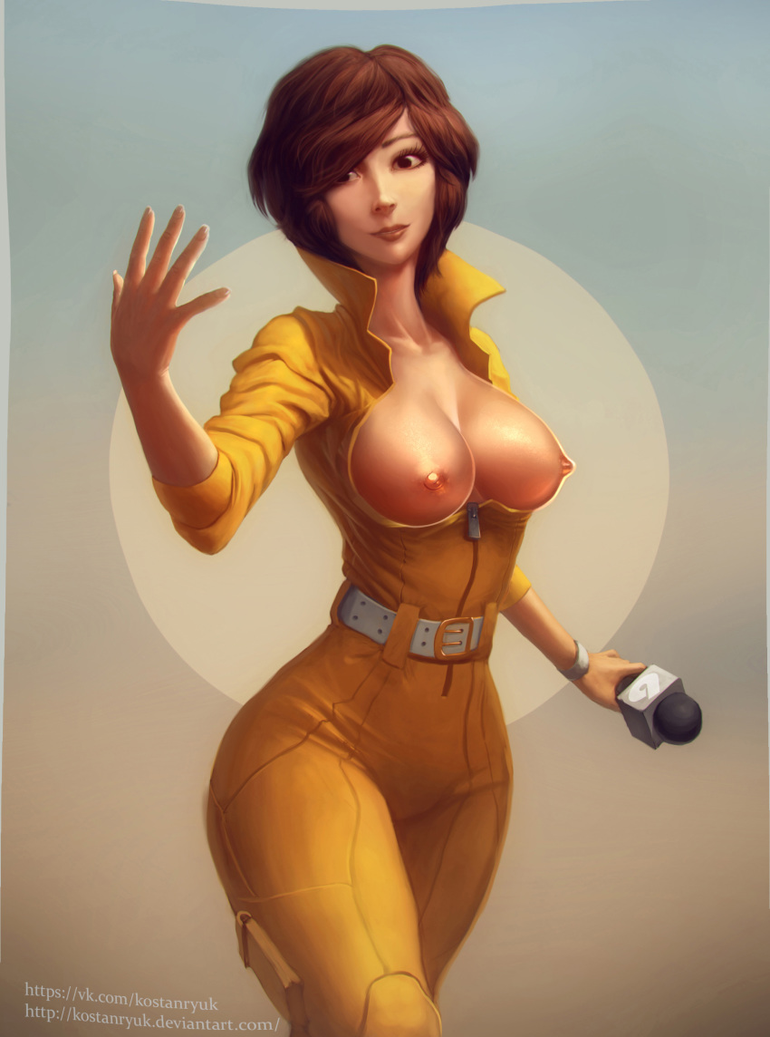 april_o'neil big_breasts breasts_out_of_clothes edit hourglass_figure kostanryuk_(artist) large_breasts reporter teenage_mutant_ninja_turtles unzipped_bodysuit yellow_bodysuit yellow_jumpsuit